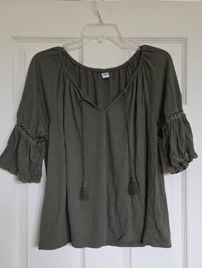 Old Navy Olive Green Peasant Blouse with Tassel Tie